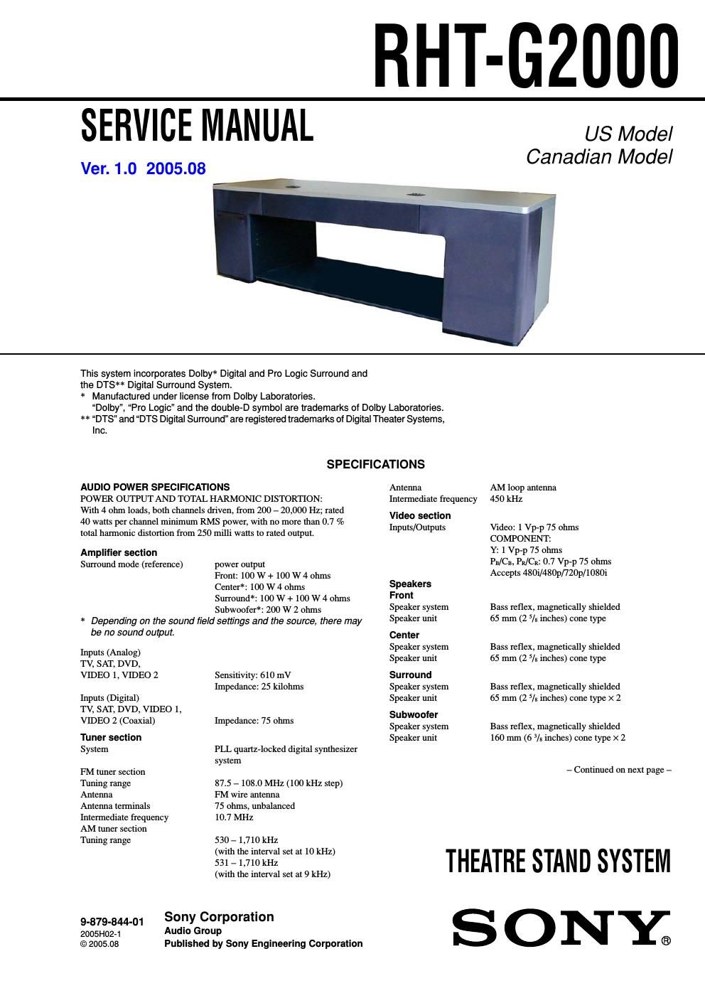 sony rhtg 2000 service manual