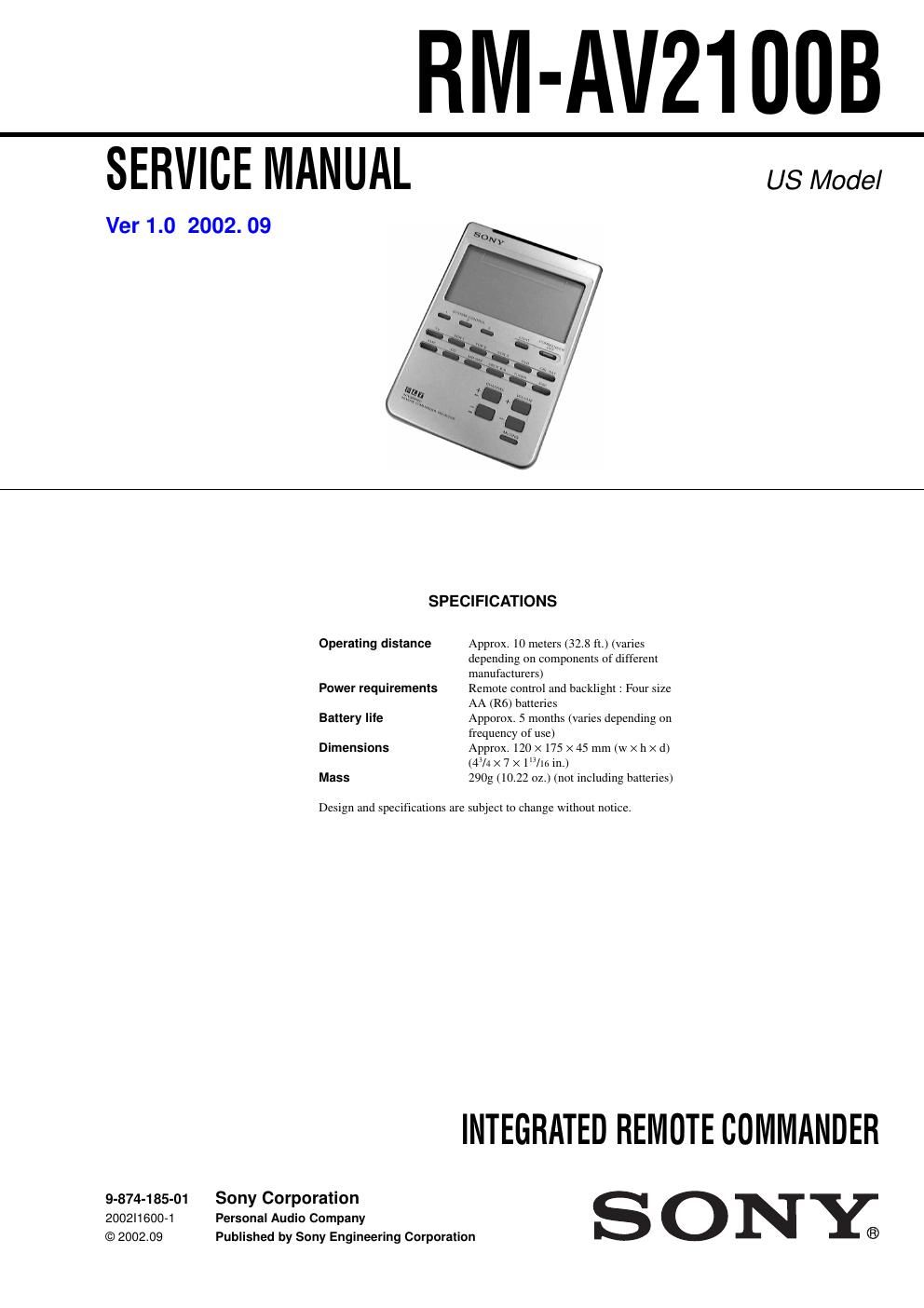 sony rm av 2100 b service manual