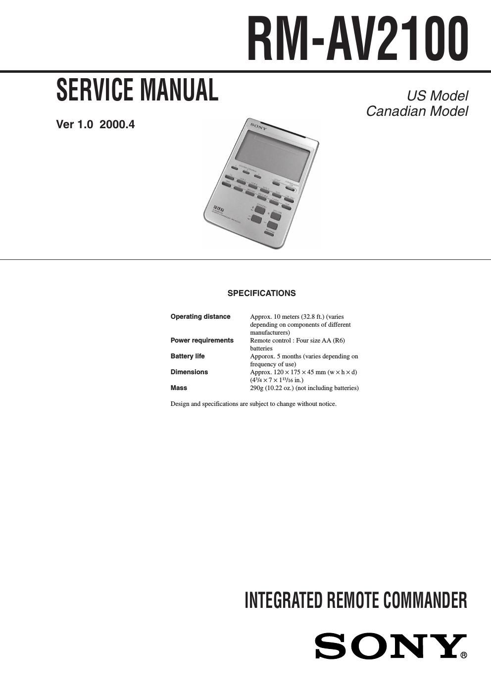 sony rm av 2100 service manual