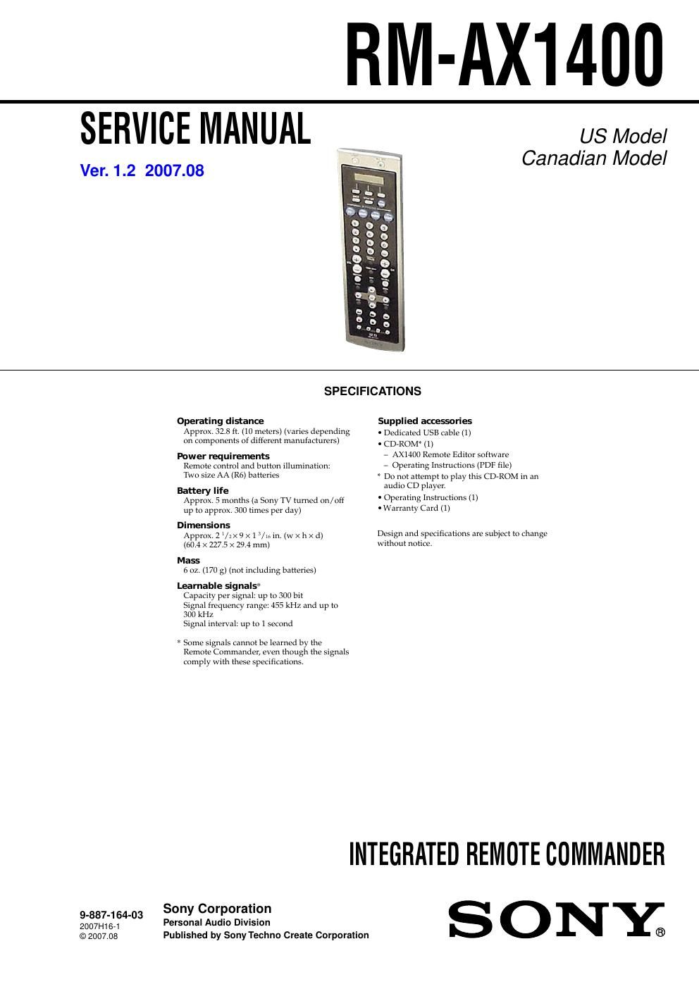 sony rm ax 1400 service manual