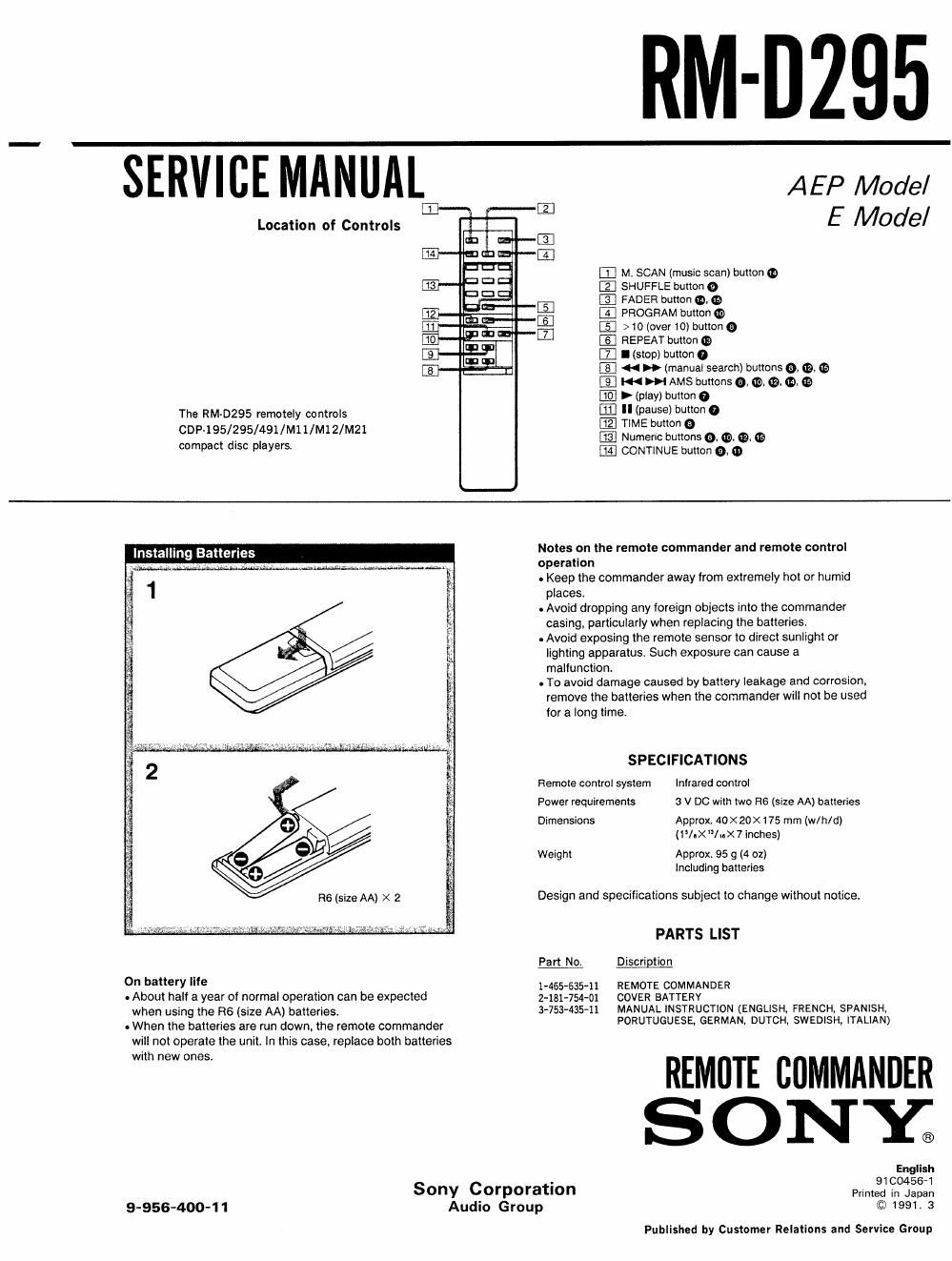 sony rm d 295 service manual