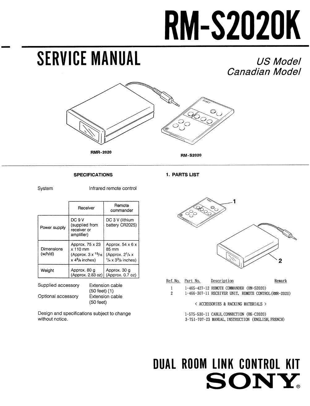 sony rm s 2020 k service manual
