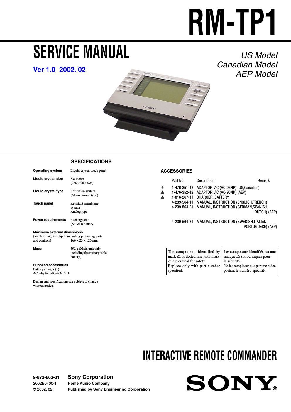 sony rm tp 1 service manual