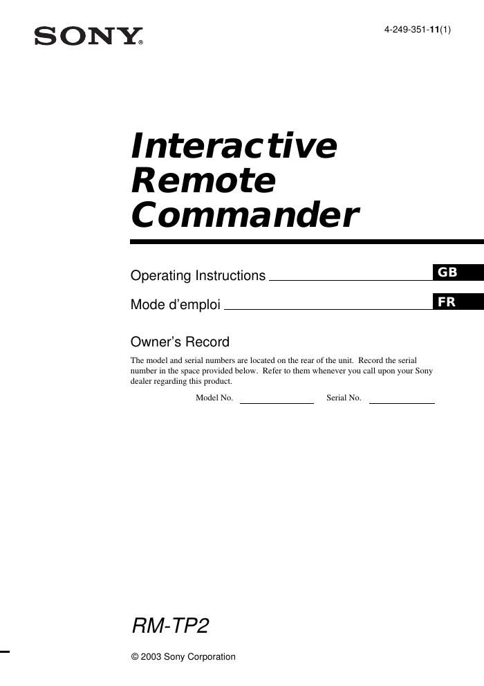 sony rm tp 2 owners manual