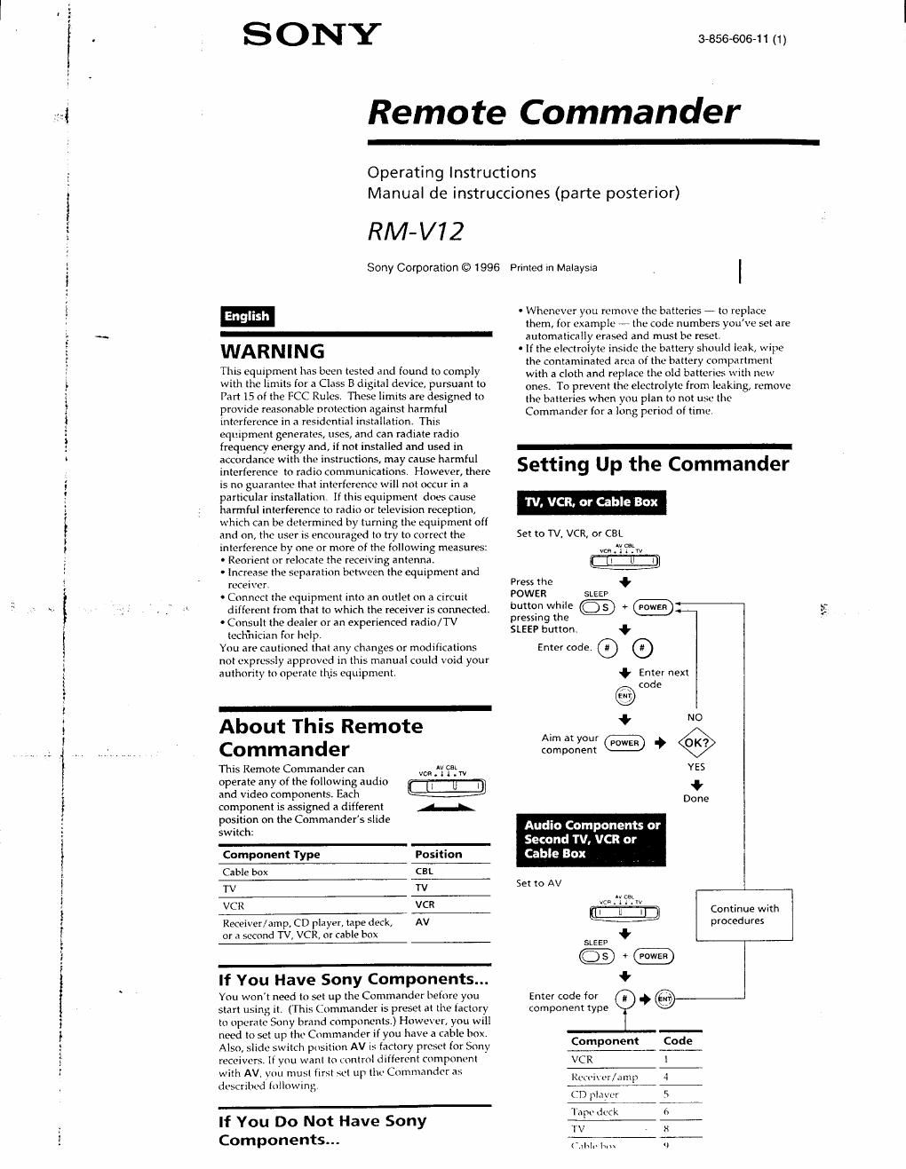 sony rm v 12 owners manual