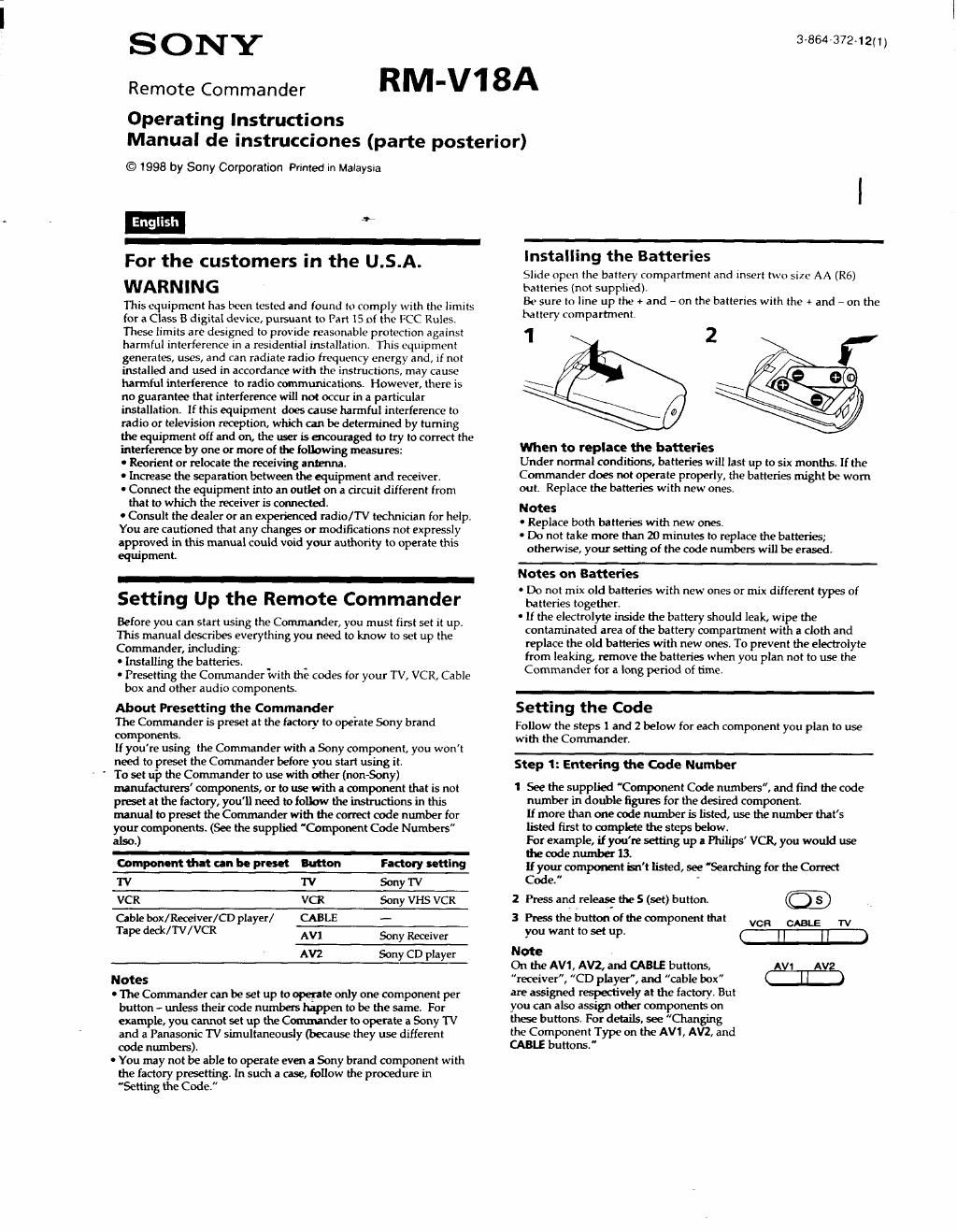 sony rm v 18 a owners manual