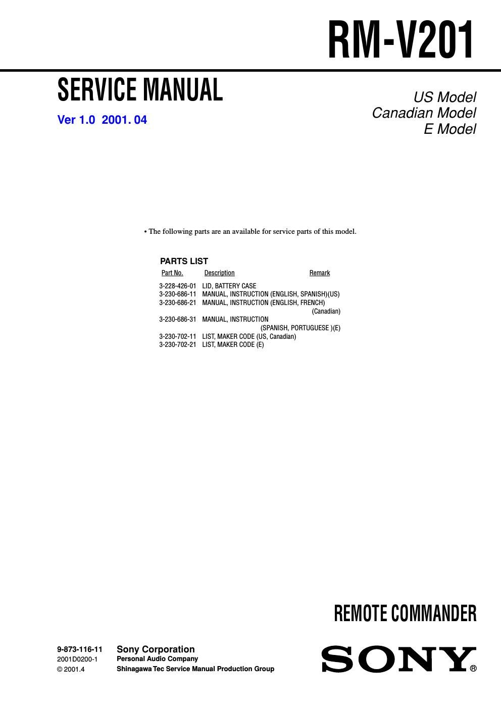 sony rm v 201 service manual