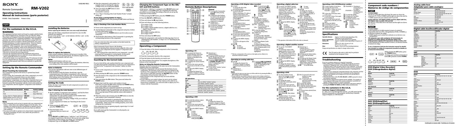 sony rm v 202 wmsk owners manual