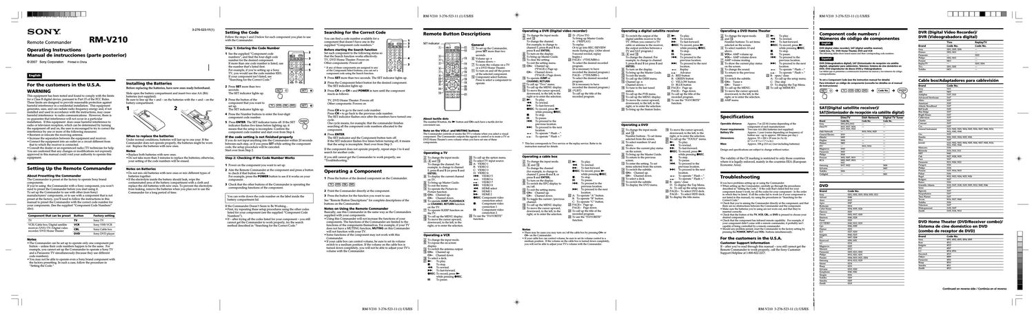 sony rm v 210 owners manual