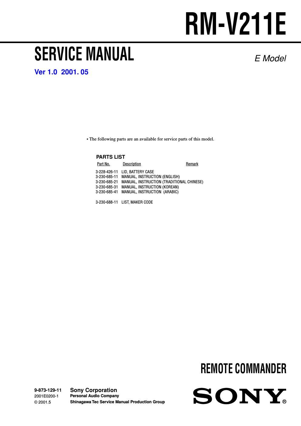 sony rm v 211 e service manual