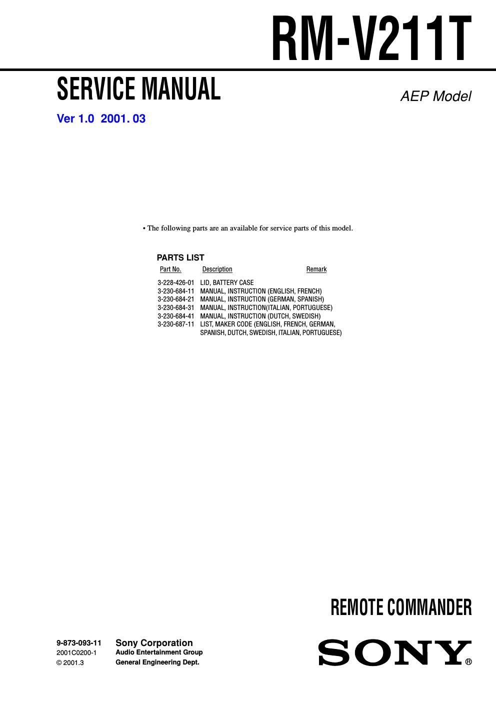 sony rm v 211 t service manual