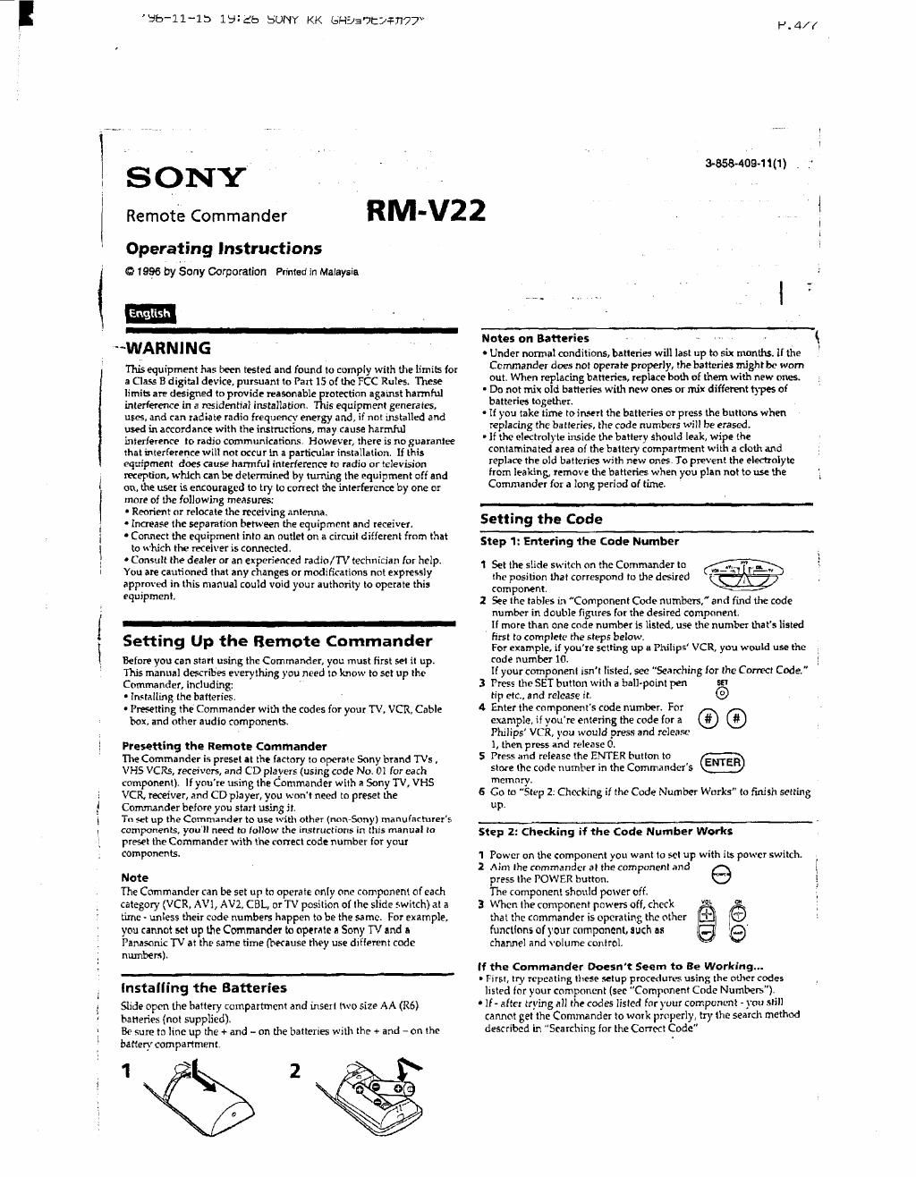 sony rm v 22 owners manual