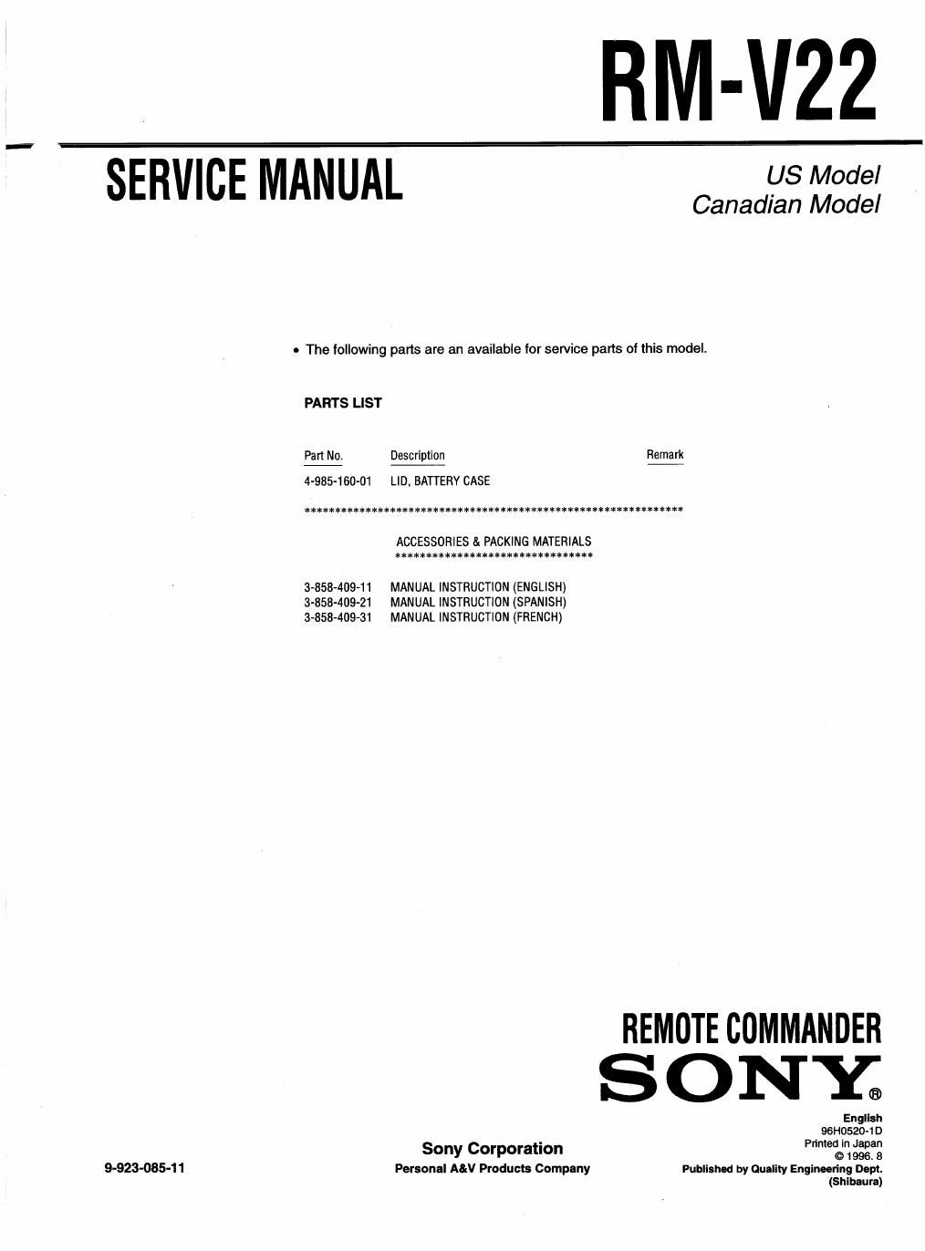 sony rm v 22 service manual