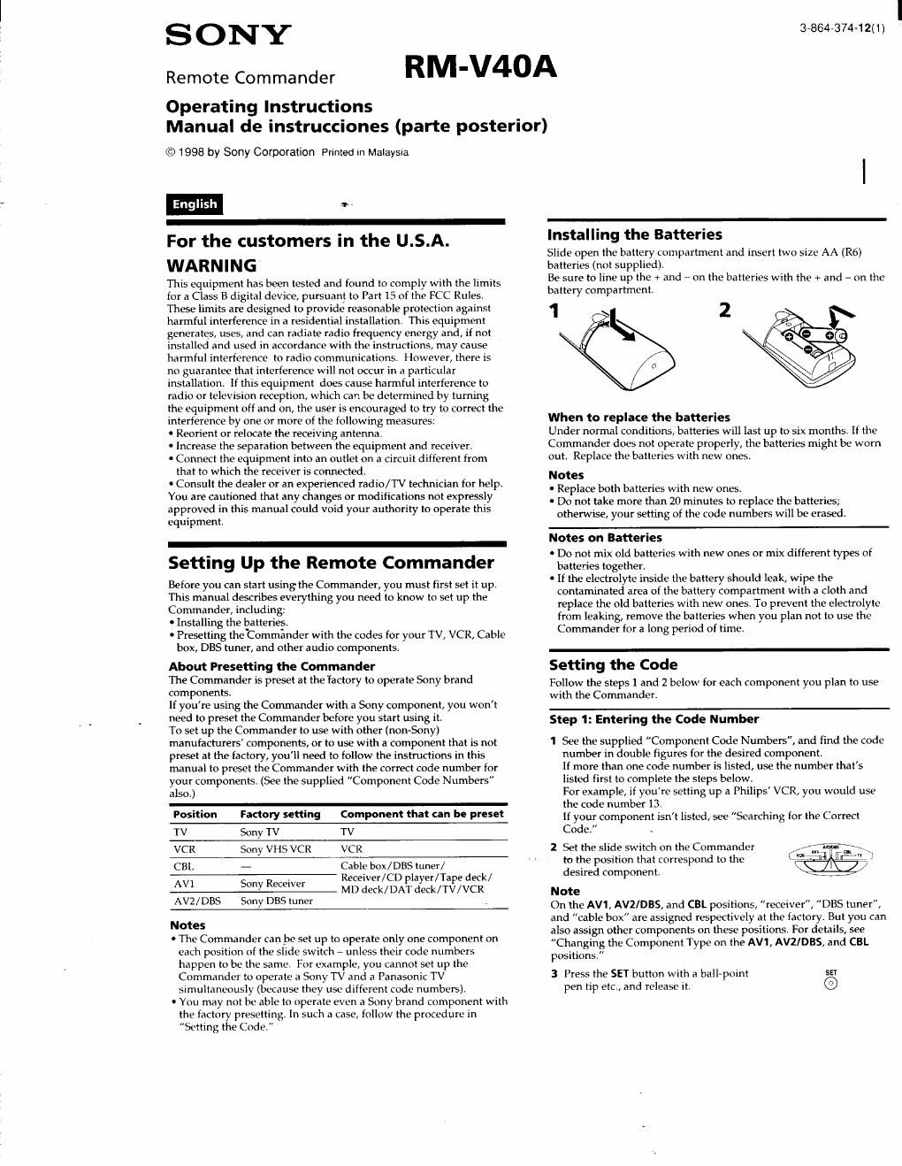 sony rm v 40 a owners manual