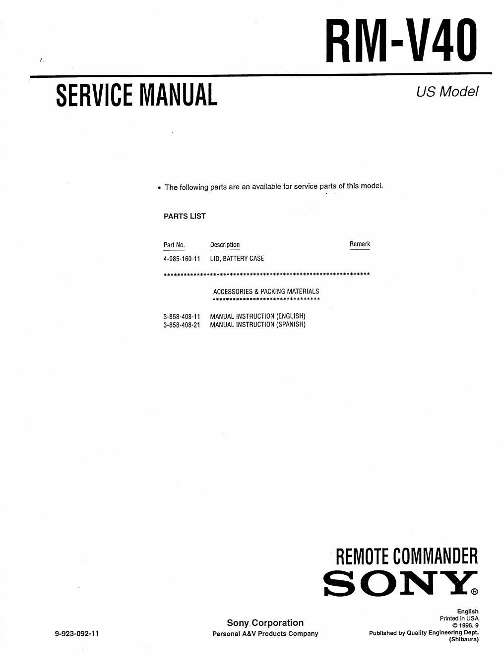 sony rm v 40 service manual