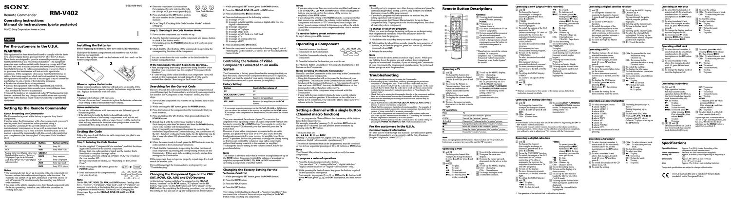 sony rm v 402 owners manual