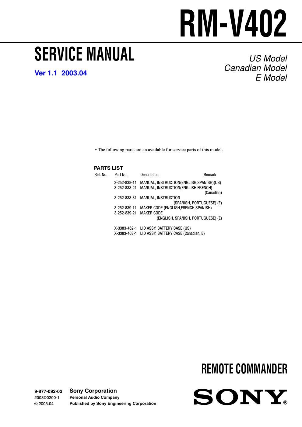 sony rm v 402 service manual