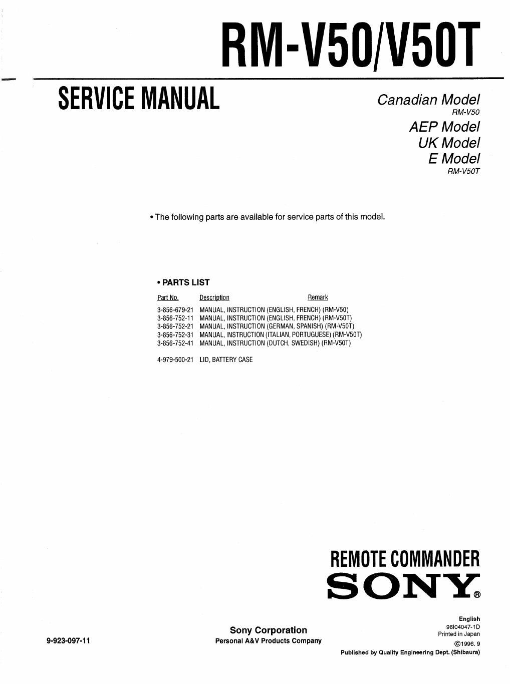 sony rm v 50 service manual