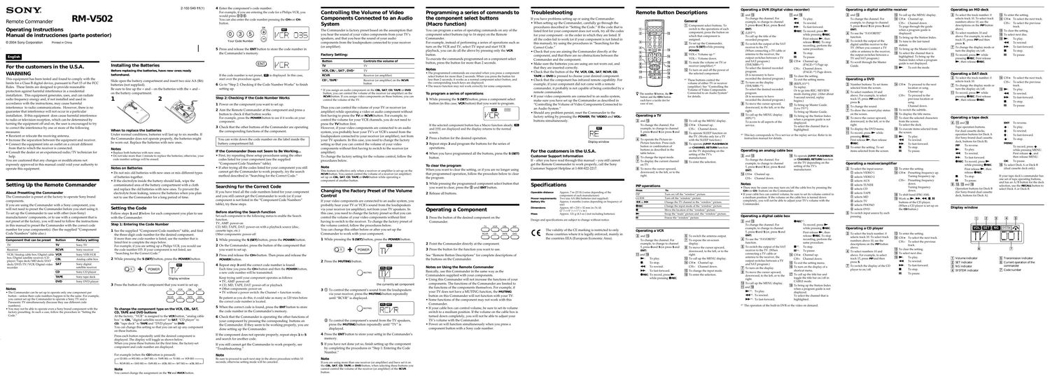 sony rm v 502 owners manual