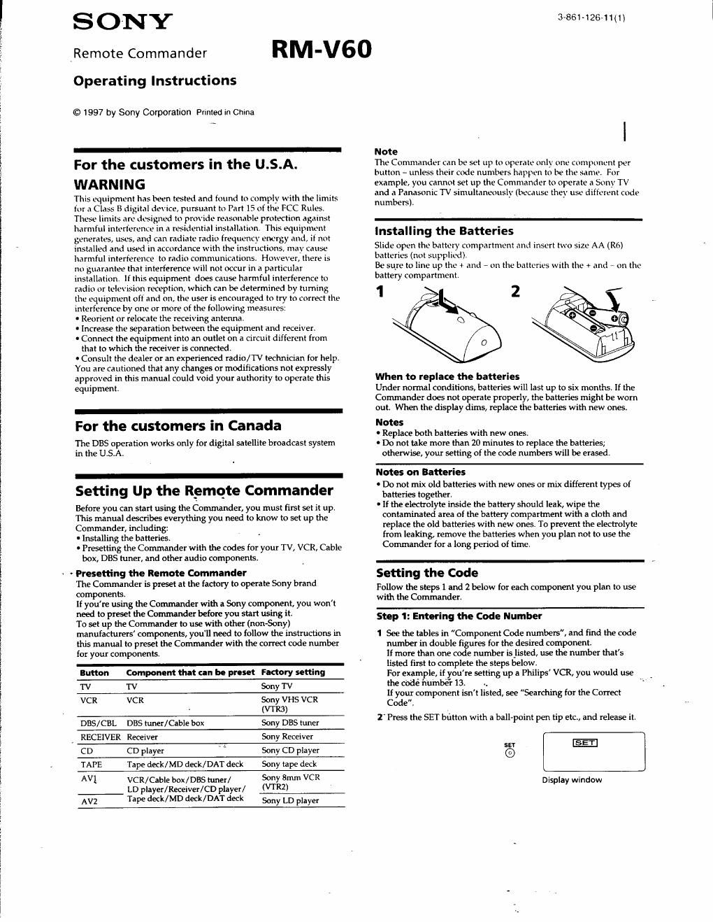 sony rm v 60 owners manual