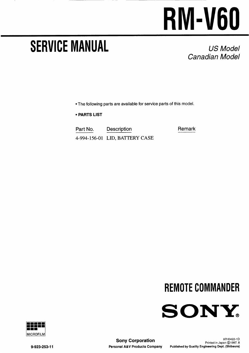 sony rm v 60 service manual