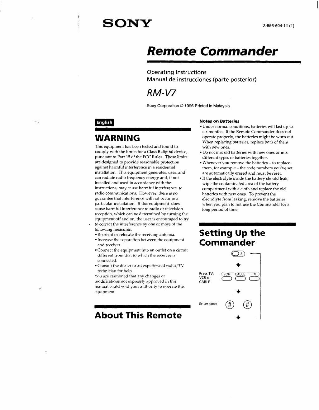 sony rm v 7 owners manual