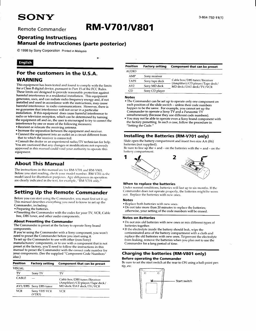 sony rm v 701 owners manual