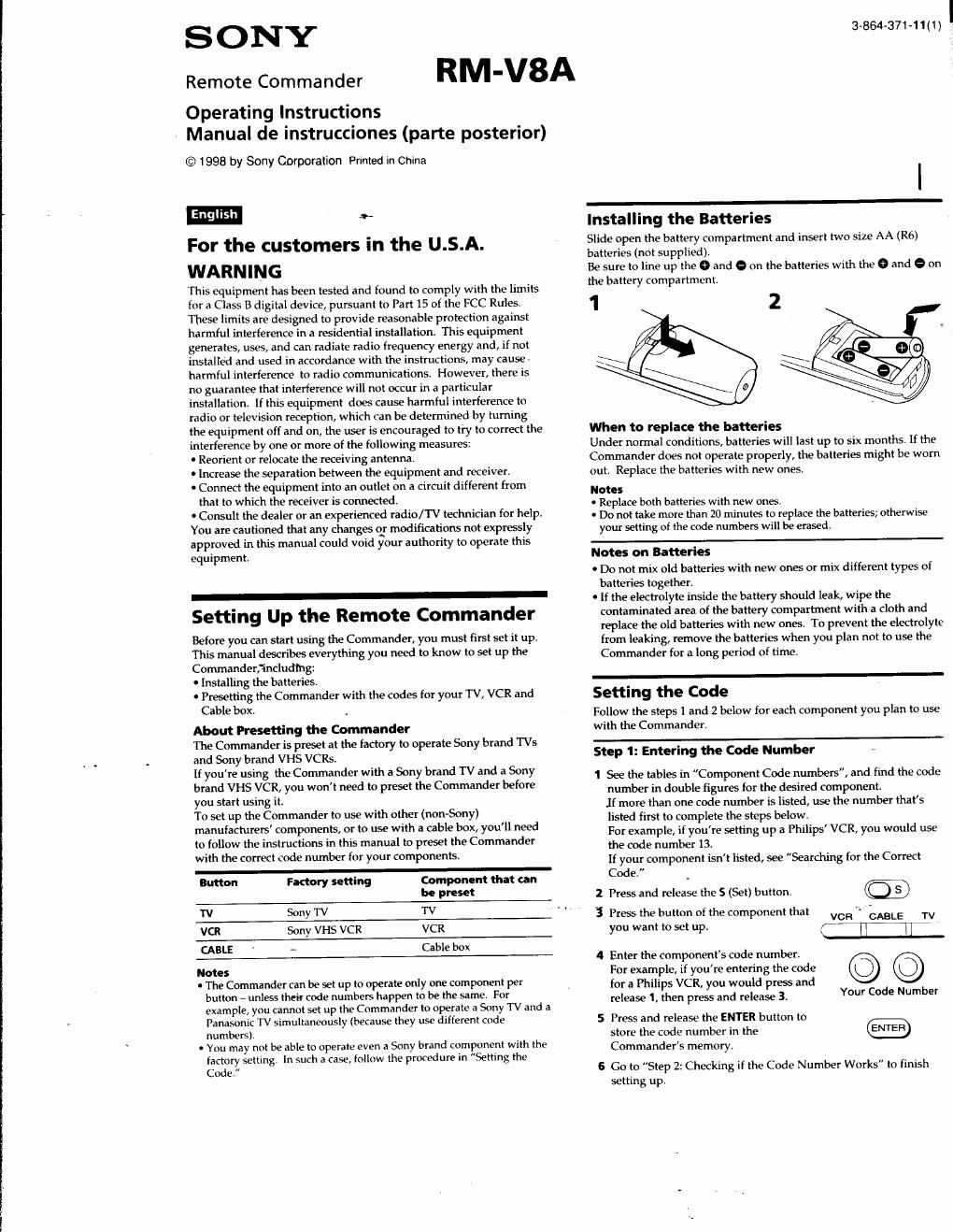 sony rm v 8 a owners manual