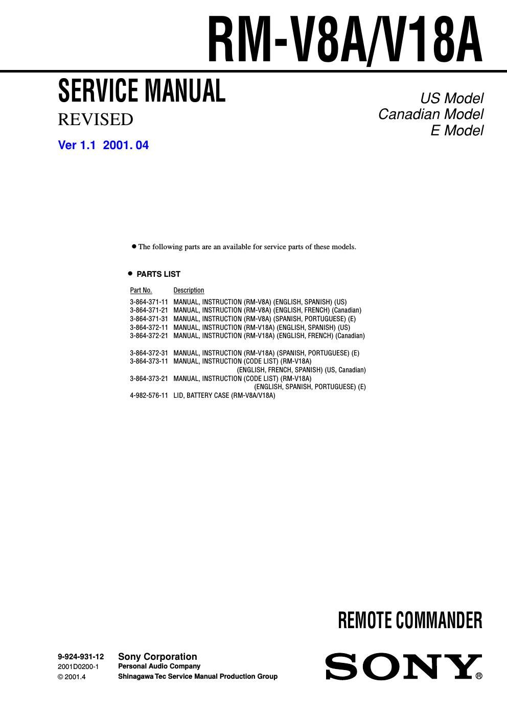 sony rm v 8 a service manual