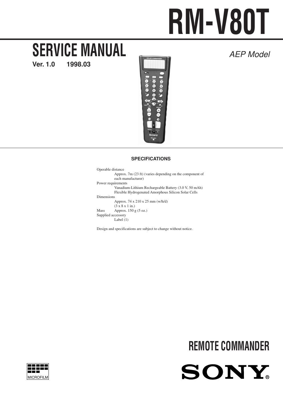 sony rm v 80 t service manual