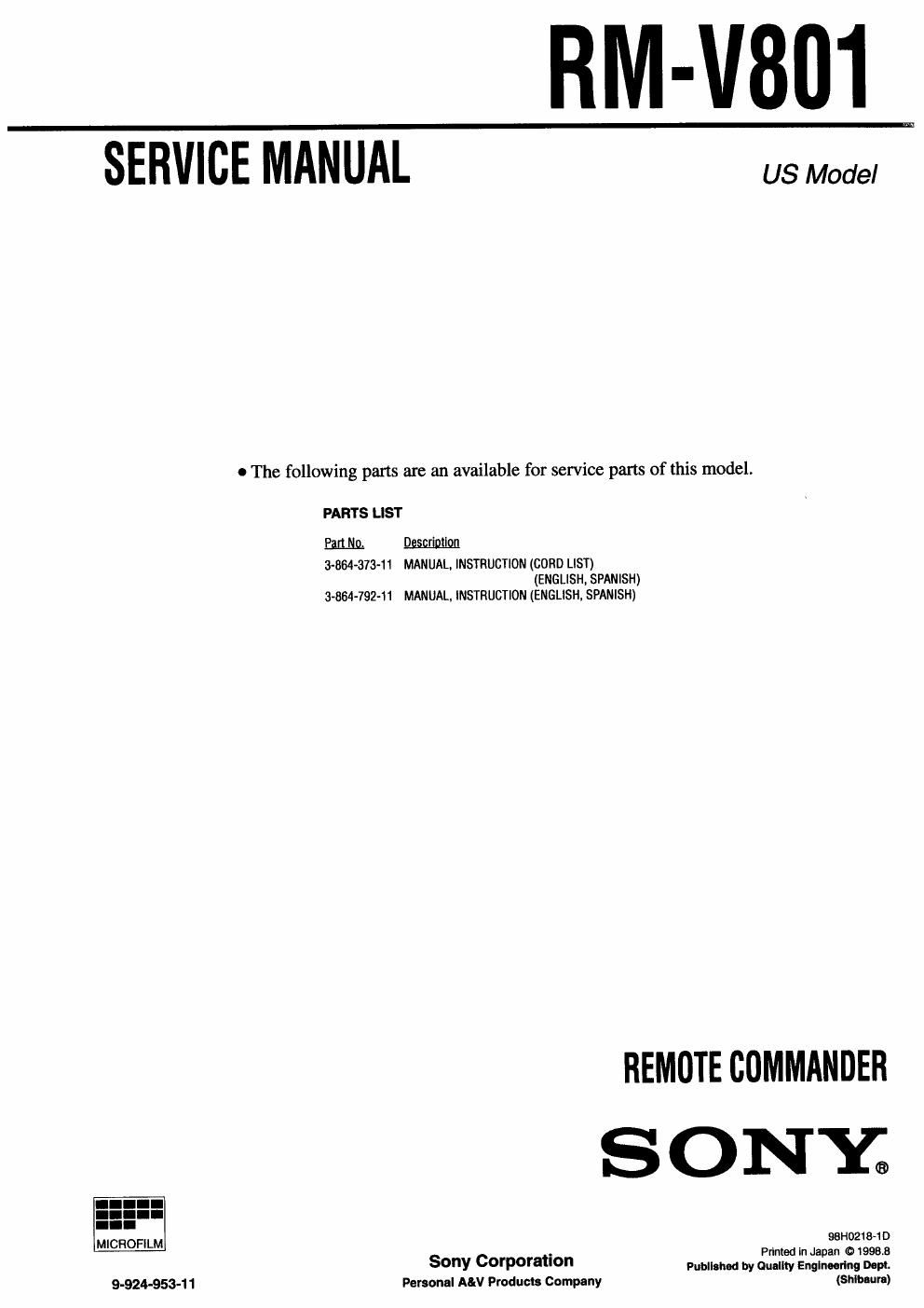 sony rm v 801 service manual