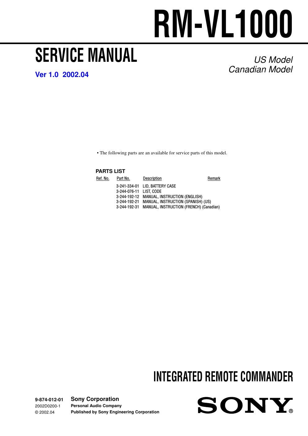 sony rm vl 1000 service manual