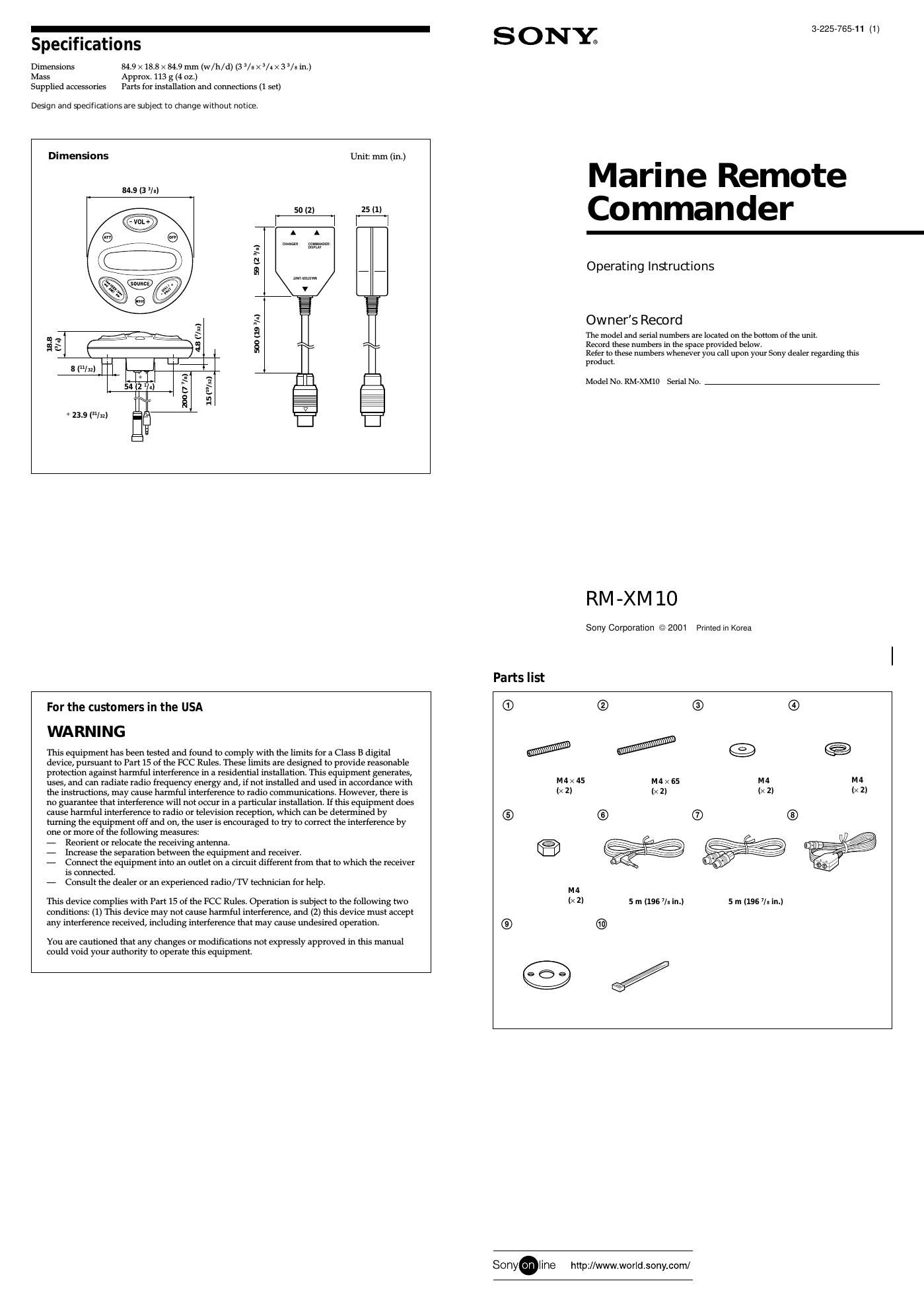 sony rm xm 10 w owners manual