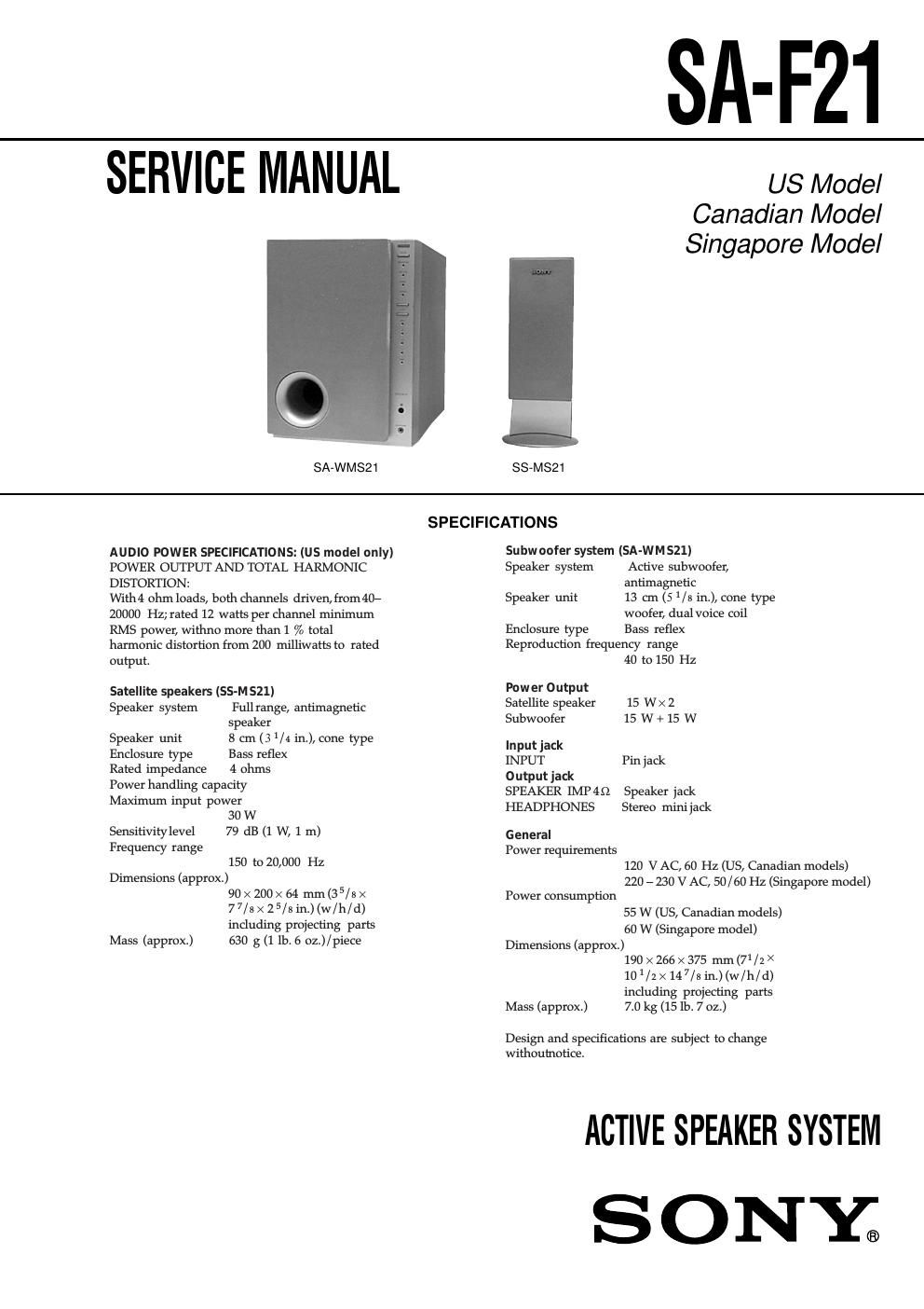 sony saf 21 service manual