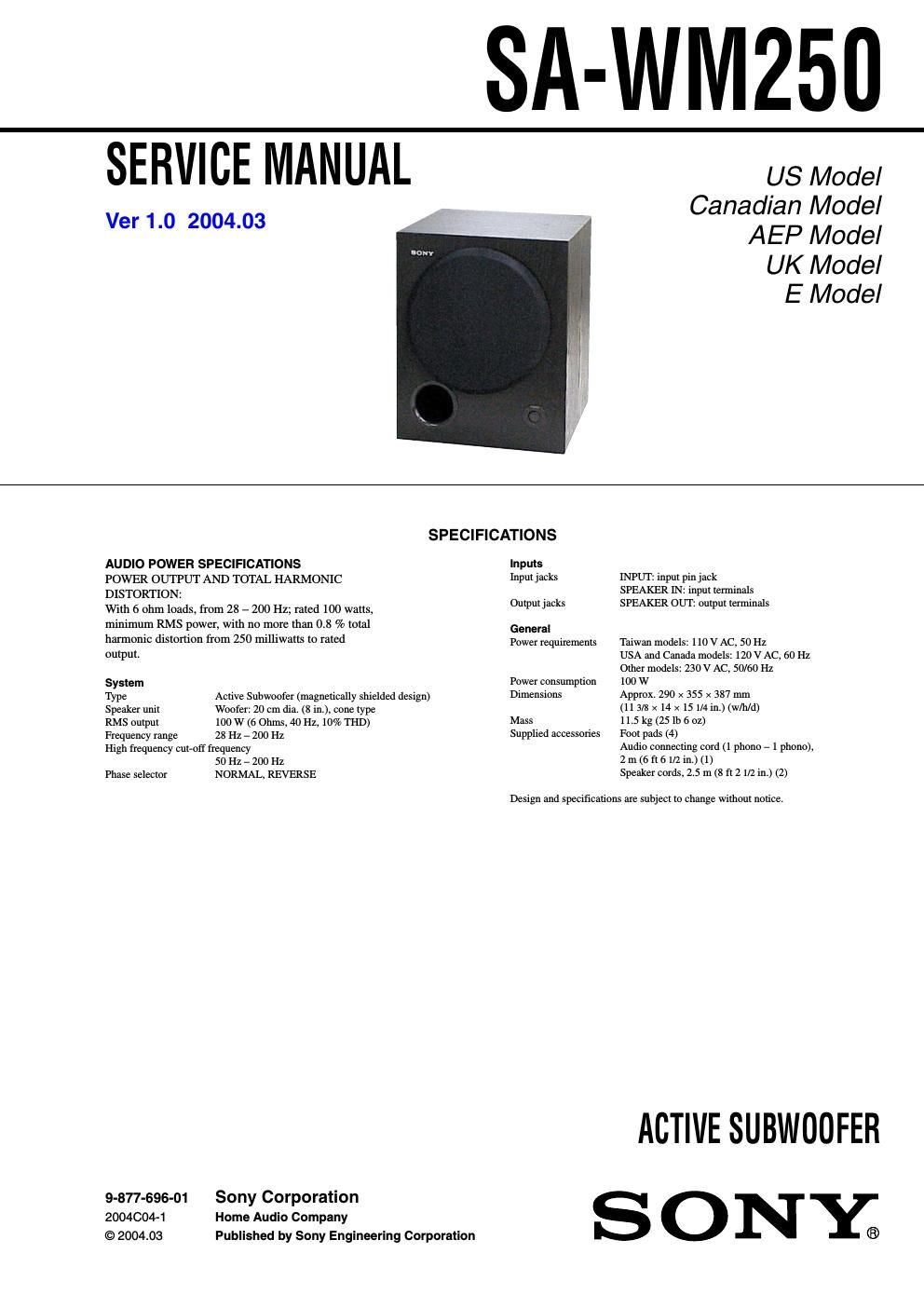 sony sa wm 250 service manual