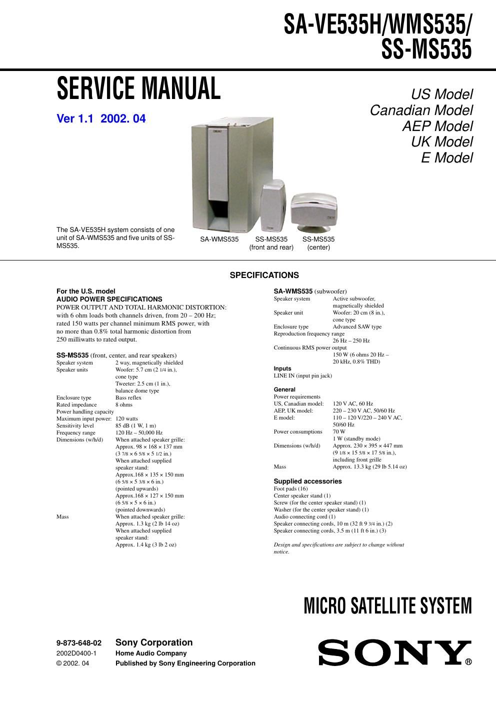 sony sa wms 535 service manual