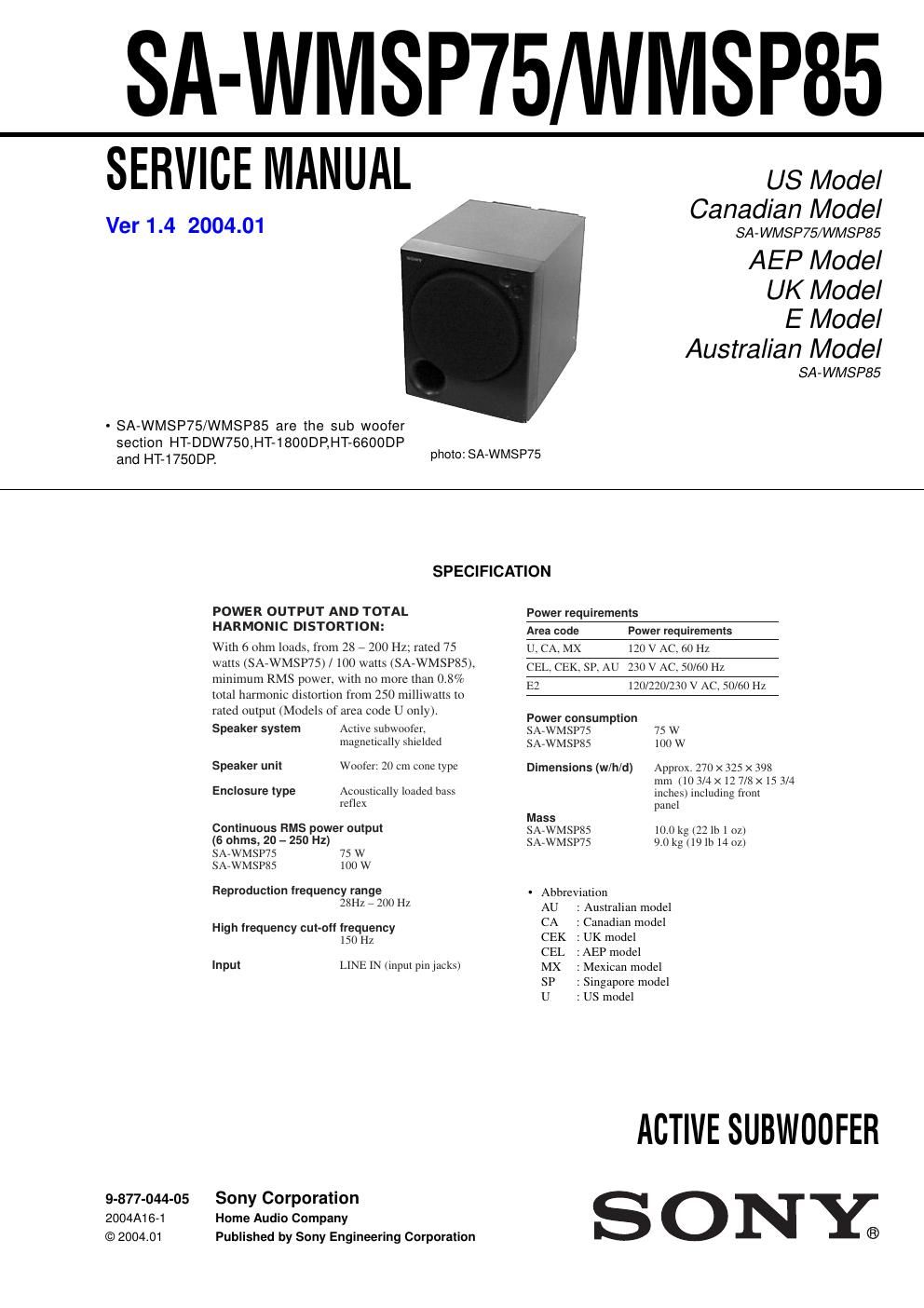 sony sa wmsp 85 service manual