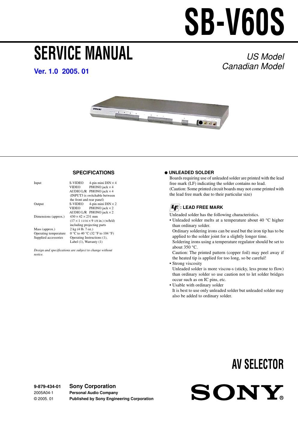 sony sb v 60 s service manual