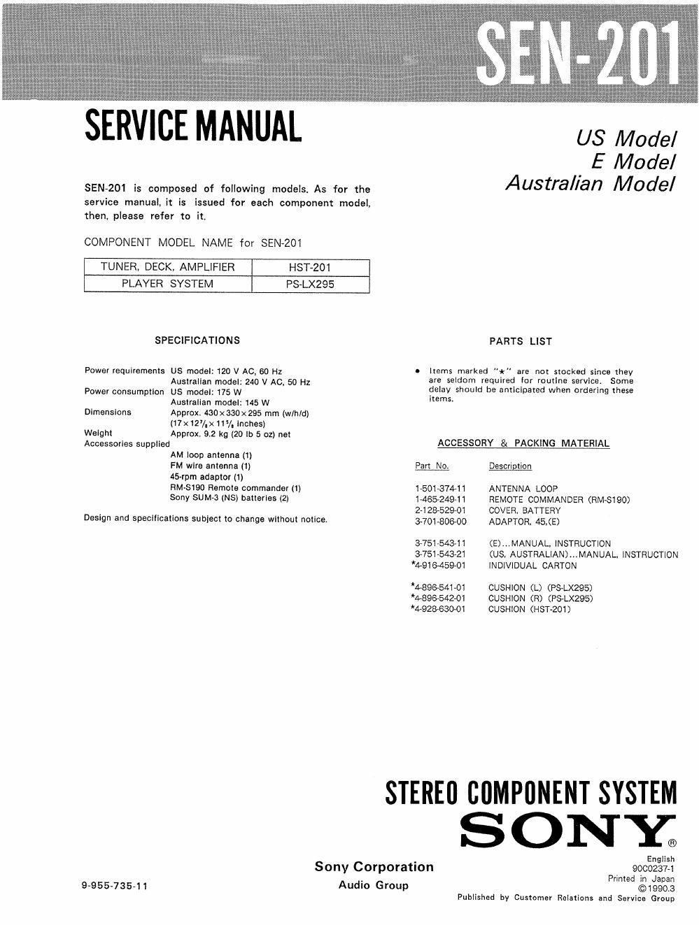 sony sen 201 service manual