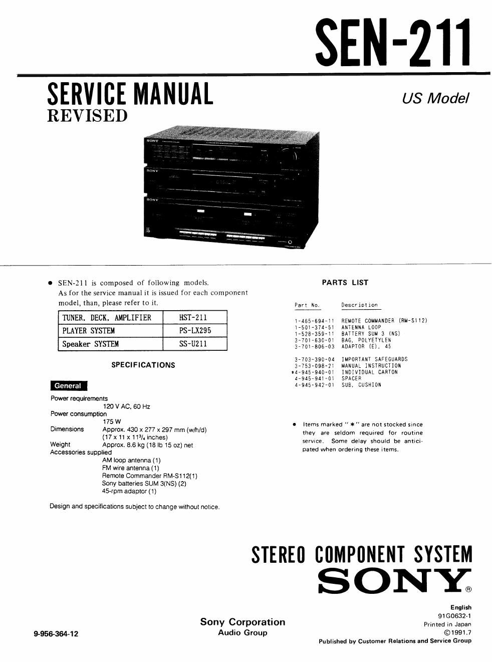 sony sen 211 service manual