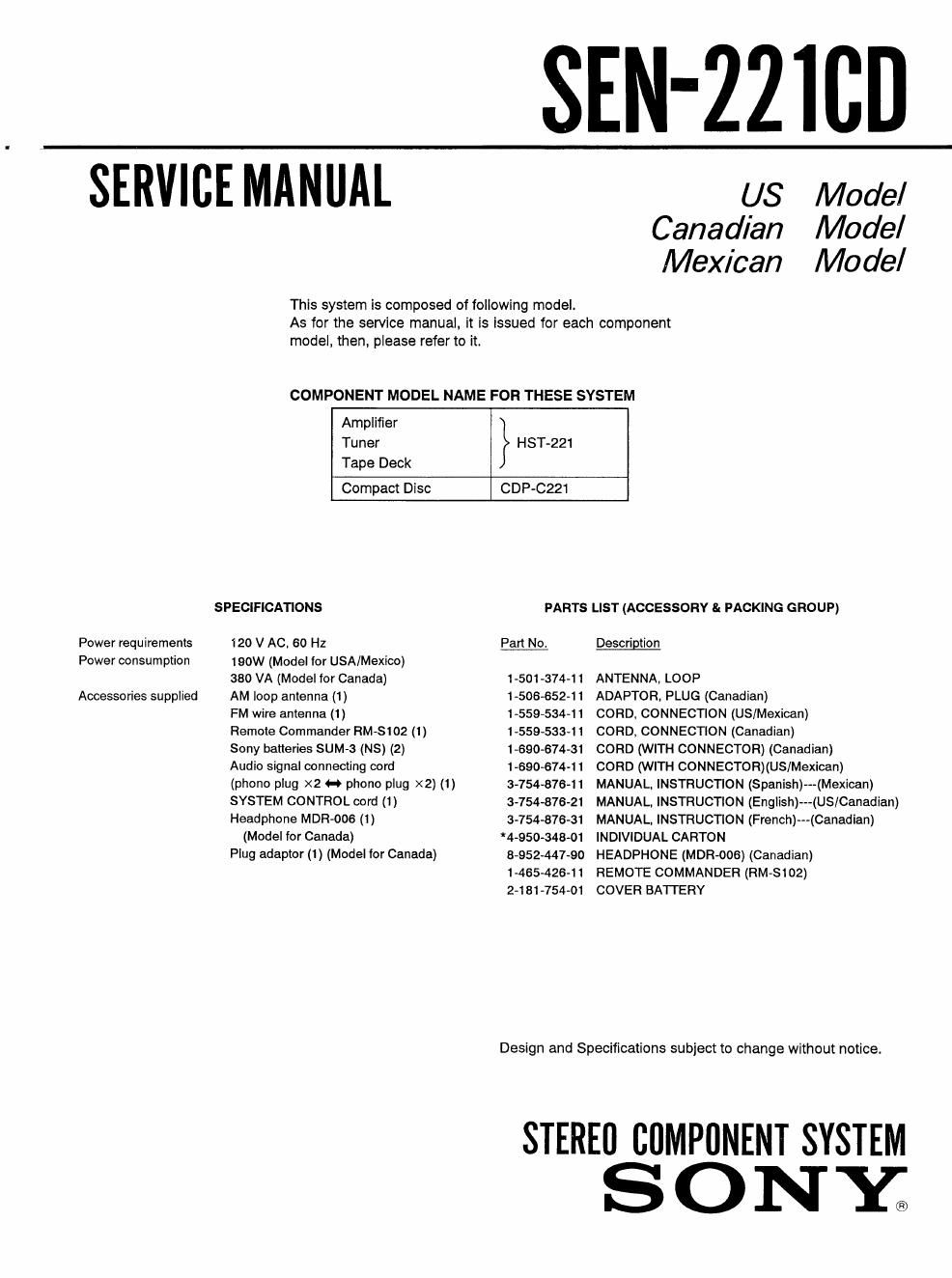 sony sen 221 cd service manual