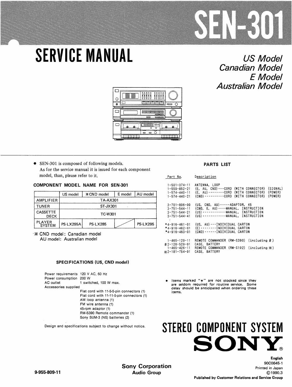 sony sen 301 service manual