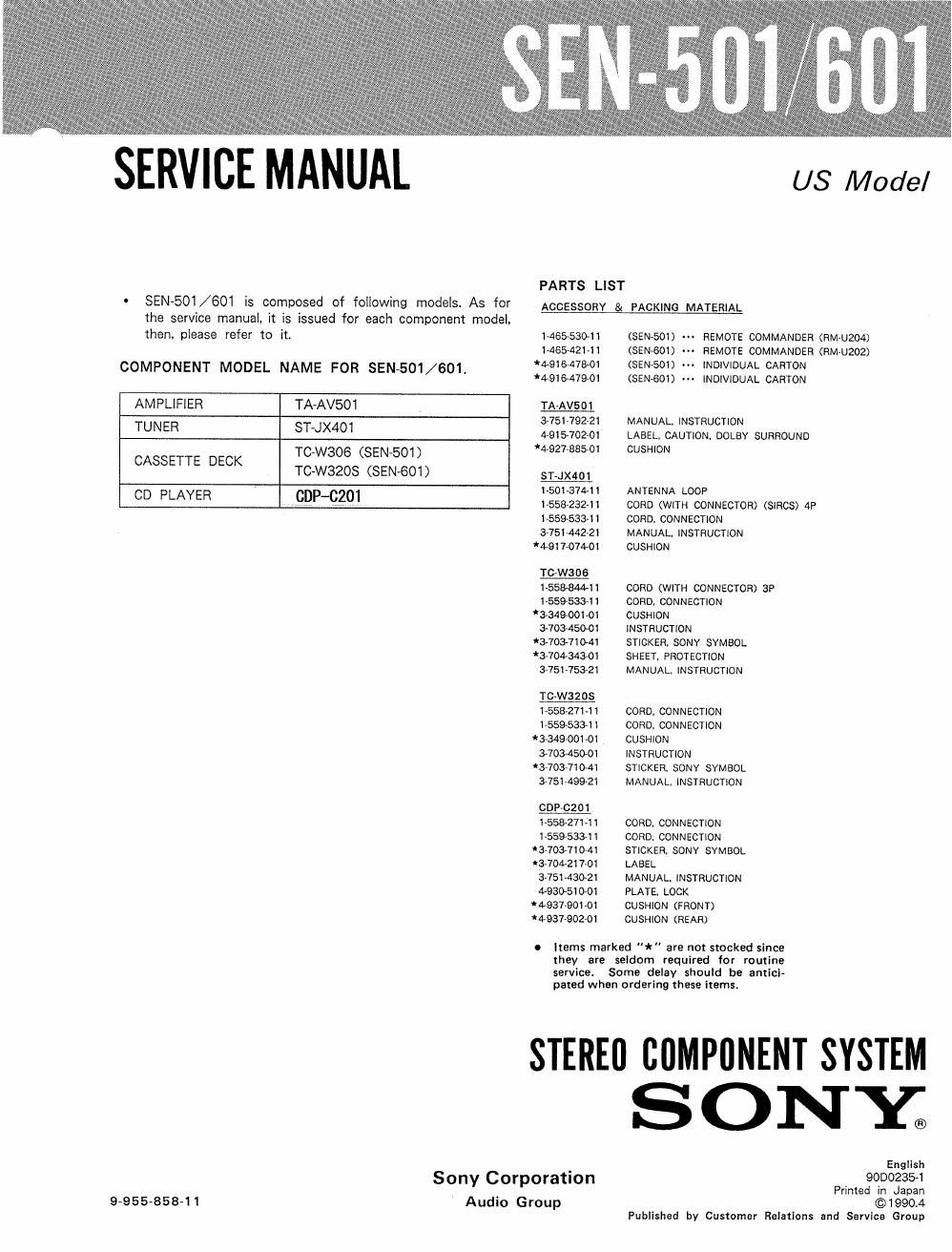 sony sen 501 service manual