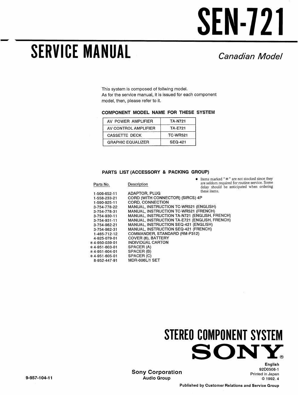 sony sen 721 service manual