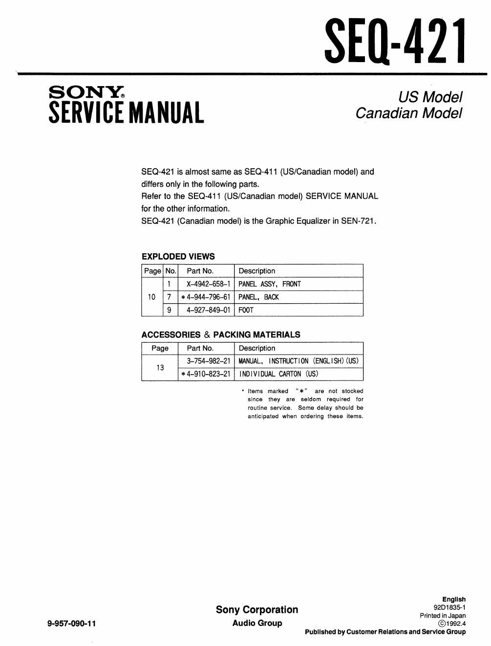 sony seq 421 service manual