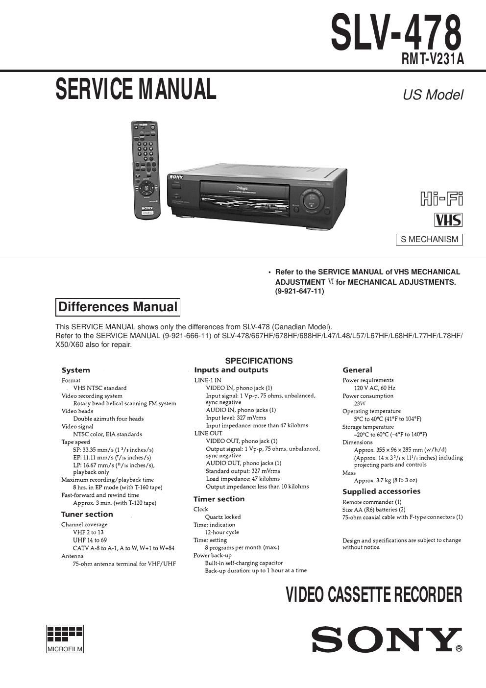 sony slv 478 service manual