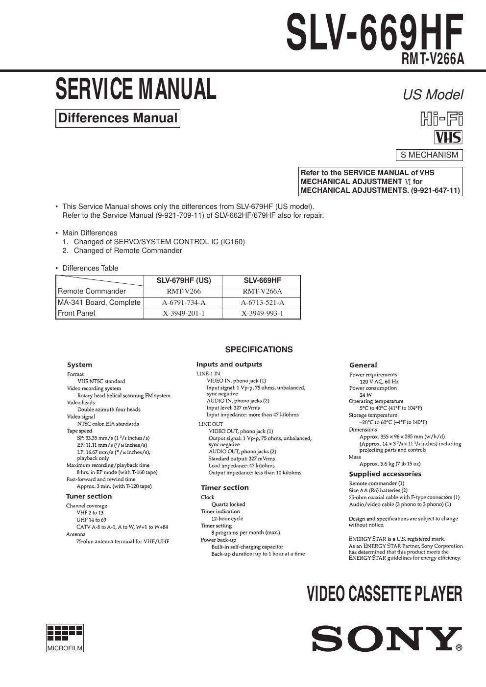 sony slv 669 hf service manual