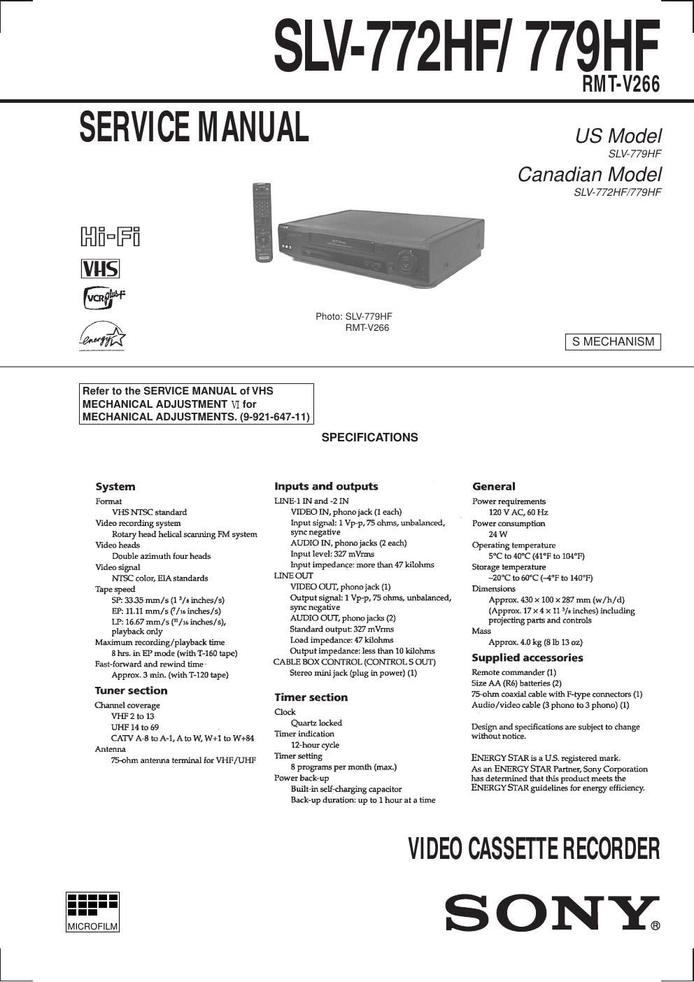 sony slv 772 hf service manual