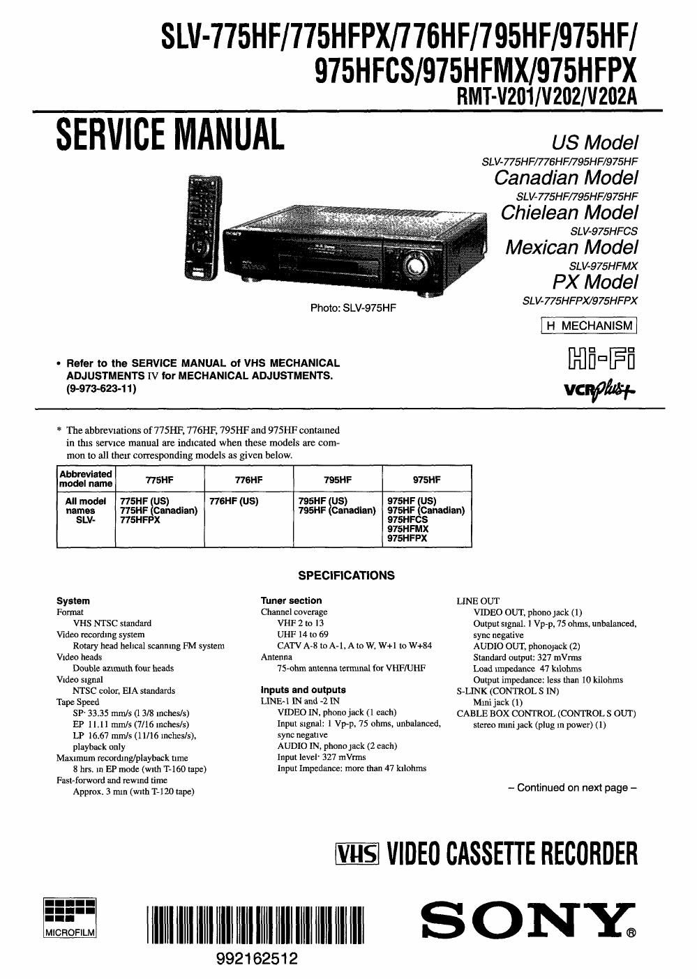 sony slv 775 hf service manual