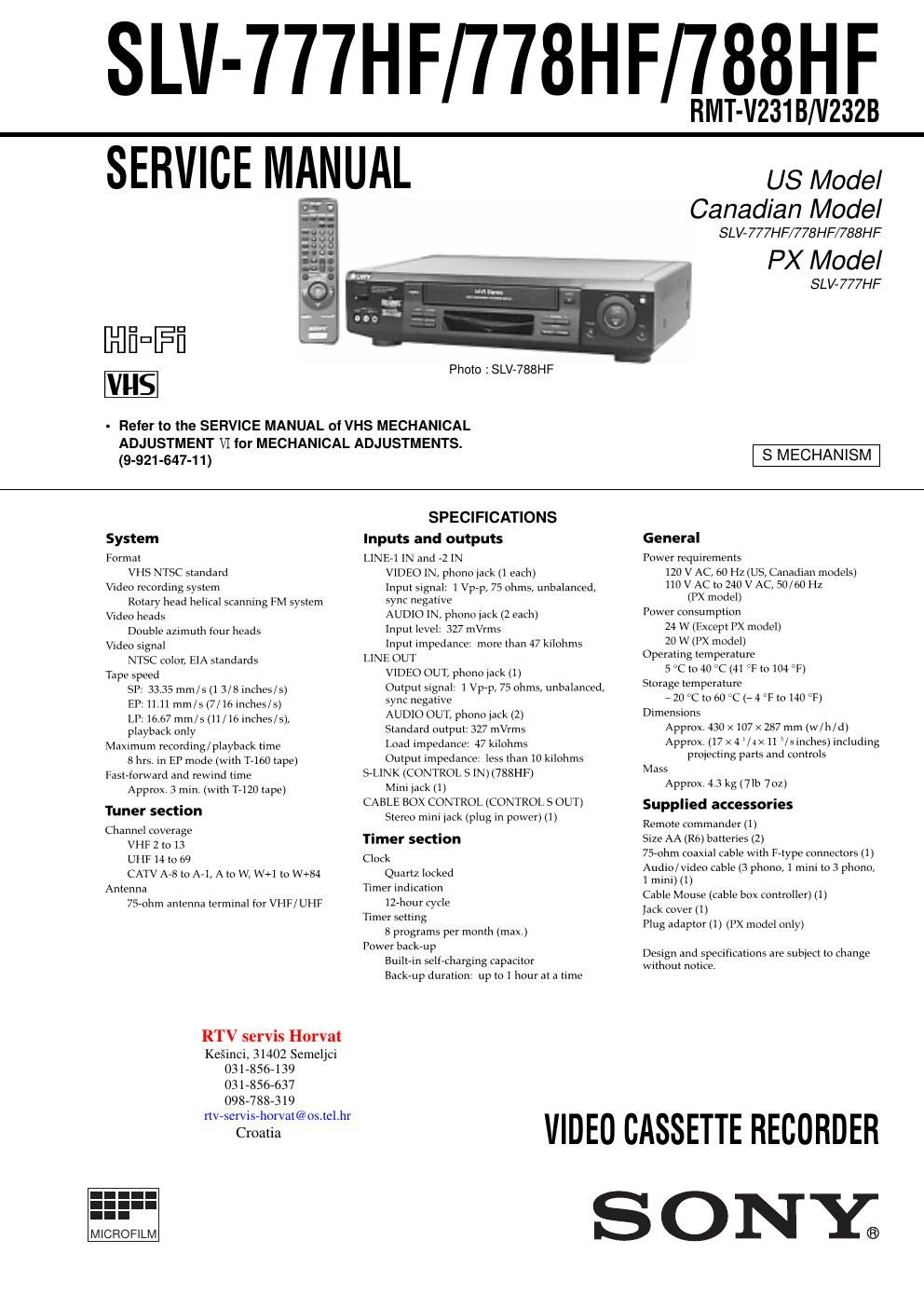 sony slv 777 hf service manual